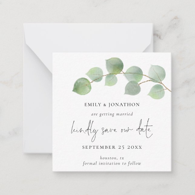 TINY SIZE | Modern Eucalyptus Script Save The Date Note Card (Front)