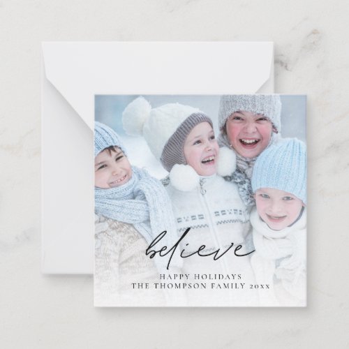 TINY SIZE Photo Believe Script Name Happy Holiday Note Card