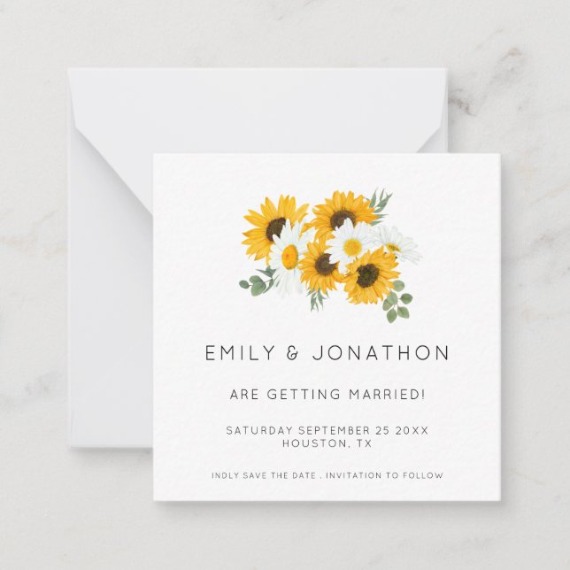 TINY SIZE | Rustic Sunflowers Yellow Save The Date Note Card (Front)