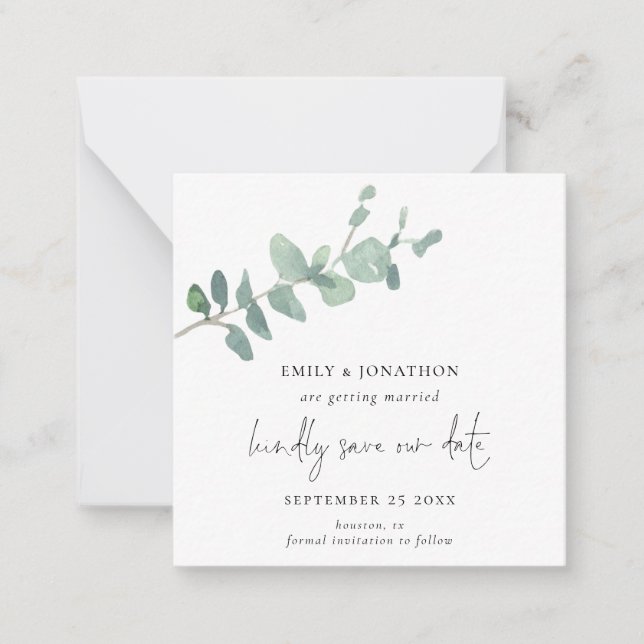TINY SIZE | Script Green Eucalyptus Save The Date Note Card (Front)