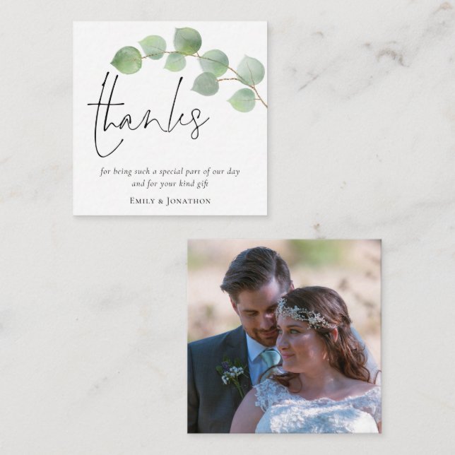 TINY SIZEEucalyptus Script Photo Wedding Thanks Note Card (Front/Back)