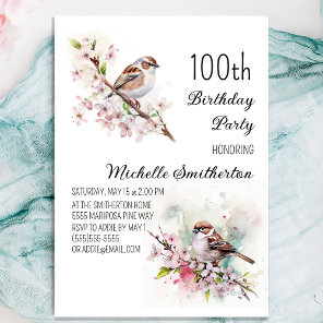 Tiny Sparrow Cherry Blossoms Spring 100th Birthday Invitation