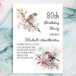 Tiny Sparrow Cherry Blossoms Spring 80th Birthday Invitation<br><div class="desc">80th birthday party invitation with paintings of a cute little sparrow sitting among blossoms in the branches of a cherry tree. Contact me for assistance with your customizations or to request additional matching or coordinating Zazzle products for your celebration.</div>