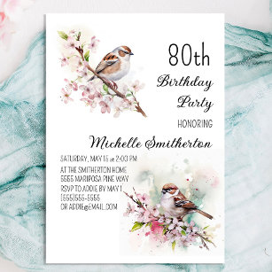 Tiny Sparrow Cherry Blossoms Spring 80th Birthday Invitation