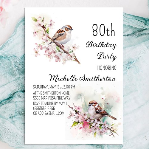 Tiny Sparrow Cherry Blossoms Spring 80th Birthday Invitation