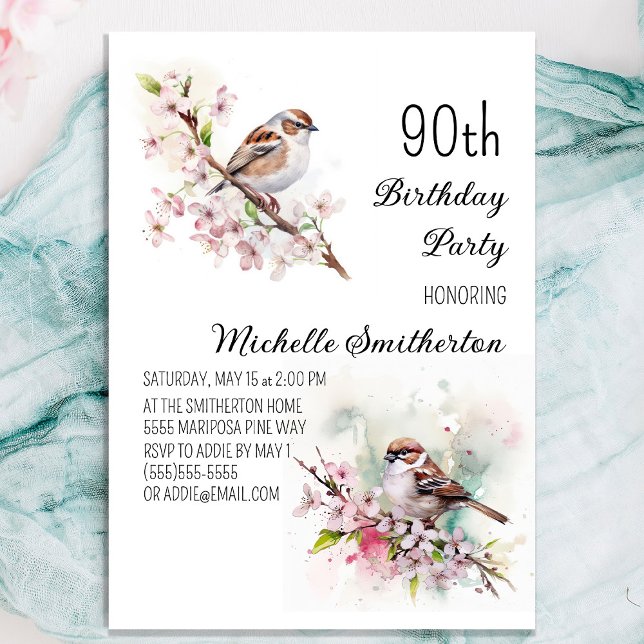 Tiny Sparrow Cherry Blossoms Spring 90th Birthday Invitation (Pretty sparrow 90th birthday party invitation for women)