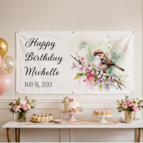 Tiny Sparrow Cherry Blossoms Spring Birthday Name Banner