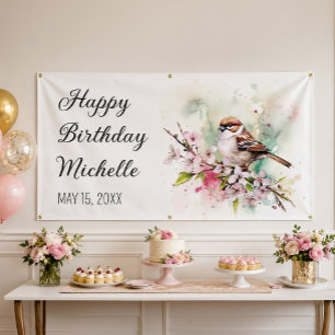 Tiny Sparrow Cherry Blossoms Spring Birthday Name Banner