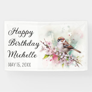 Tiny Sparrow Cherry Blossoms Spring Birthday Name Banner