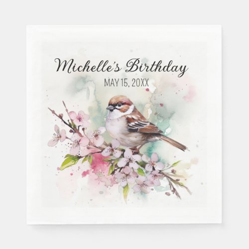 Tiny Sparrow Cherry Blossoms Spring Birthday Name Napkins
