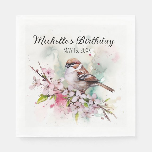 Tiny Sparrow Cherry Blossoms Spring Birthday Name Napkins (Front)
