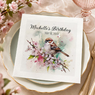 Tiny Sparrow Cherry Blossoms Spring Birthday Name Napkins