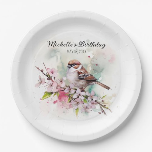 Tiny Sparrow Cherry Blossoms Spring Birthday Name Paper Plates