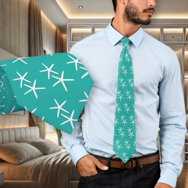 Tiny Starfish Tropical Blue Green Mens Tie (Creator Uploaded)