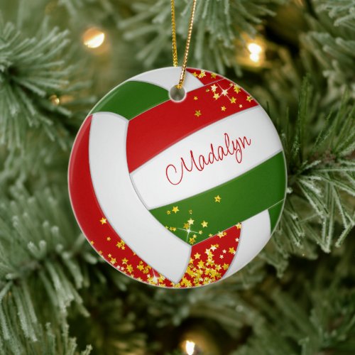 tiny stars red green keepsake girls volleyball ceramic ornament