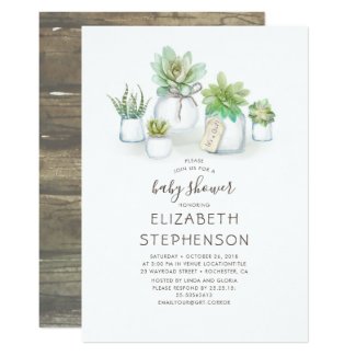 Tiny Succulents Mason Jars Rustic Baby Shower Invitation