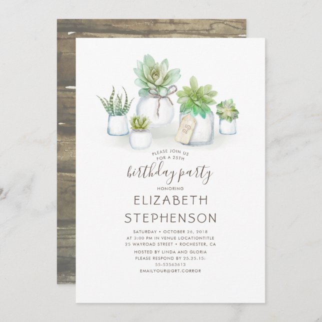Tiny Succulents Mason Jars Rustic Birthday Invitation (Front/Back)