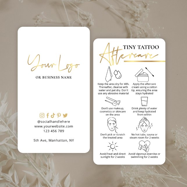 Tiny Tattoo Aftercare Guide Elegant Gold PMU Business Card (White and faux gold Tiny Tattoo aftercare cards with icons & space for your logo)