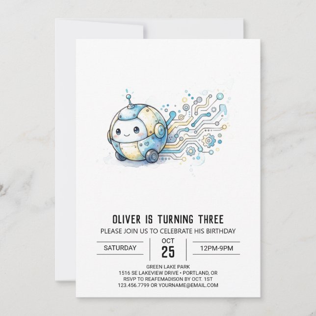 Tiny Tech Robot Birthday Invitation (Front)