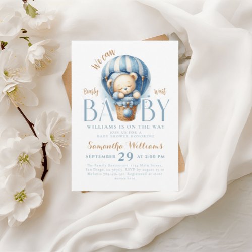 Tiny Teddy Bear Blue Aerial Balloon Invitation