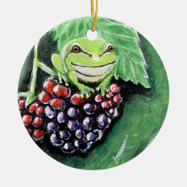 Tiny Tree Frog on a Blackberry Painting Ceramic Ornament (Front)