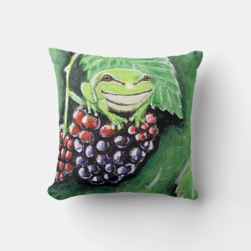 Tiny Tree Frog on a Blackberry Painting Throw Pillow