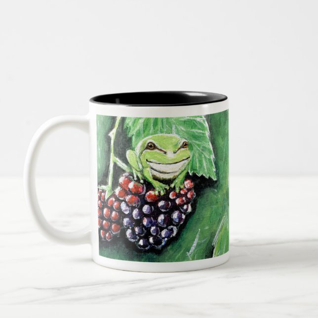 Tiny Tree Frog on a Blackberry Painting Two-Tone Coffee Mug (Left)