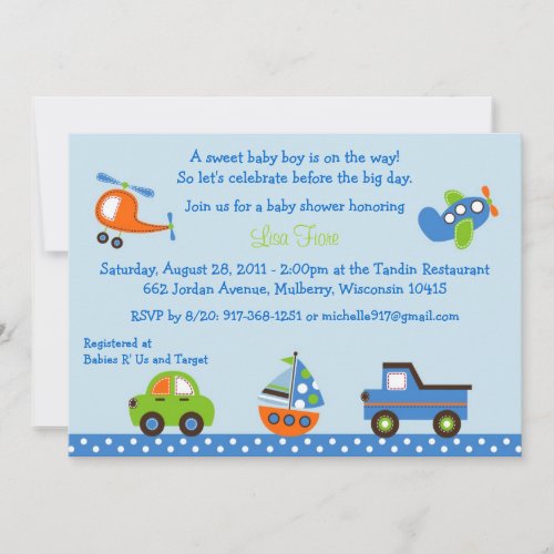 Tiny Trips Transportation Baby Shower Invitations