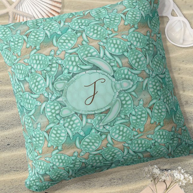 Tiny Turtles Sea and Sand Monogram ID696 Throw Pillow (Creator Uploaded)