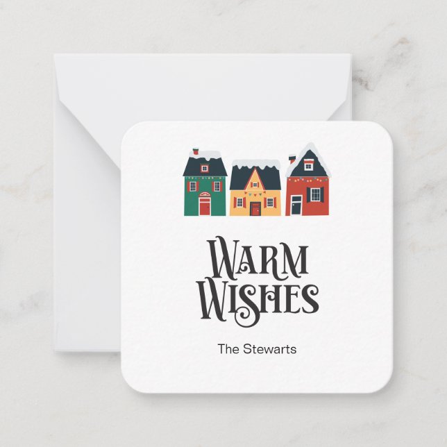 Tiny Warm Wishes Card, Holiday Christmas Village Note Card (Front)