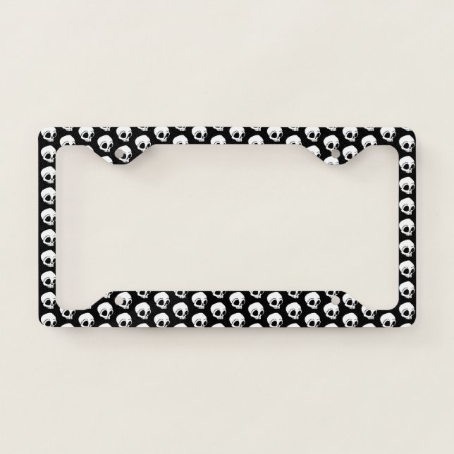 Tiny White Cartoon Skulls on dark emerald black License Plate Frame (Front)