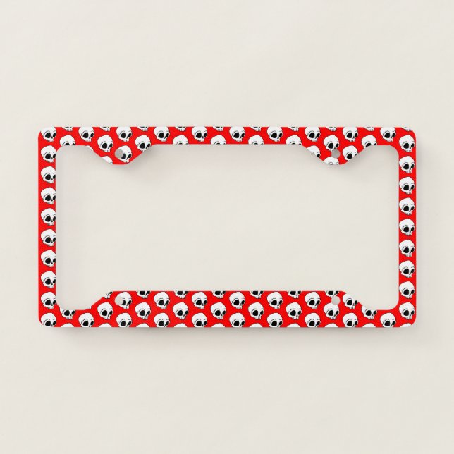 Tiny White Cartoon Skulls Pattern on Red License Plate Frame (Front)