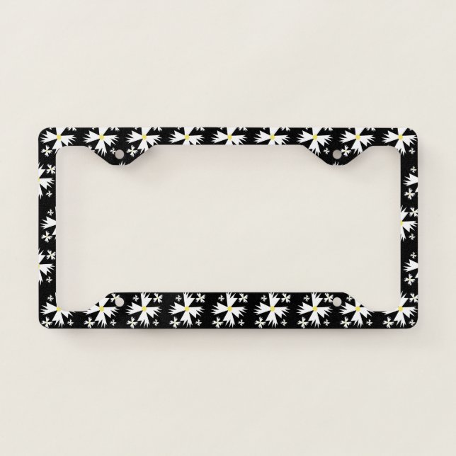 Tiny White Flower Geometrical Black License Plate Frame (Front)