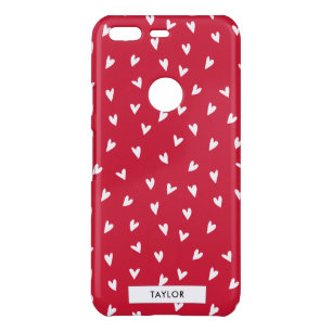 Tiny White Hearts on Red   Monogram Name Uncommon Google Pixel Case