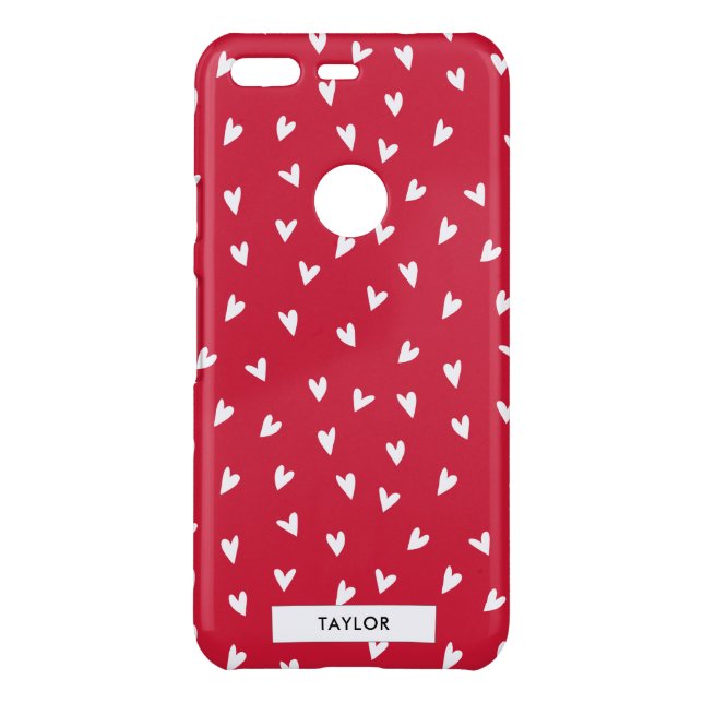 Tiny White Hearts on Red | Monogram Name Uncommon Google Pixel Case (Back)