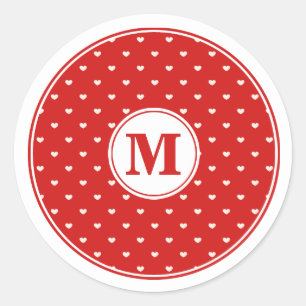 Tiny White Hearts on Red Monogrammed Classic Round Sticker