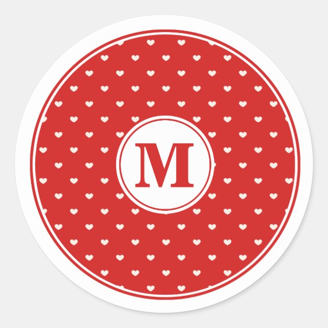 Tiny White Hearts on Red Monogrammed Classic Round Sticker (Front)