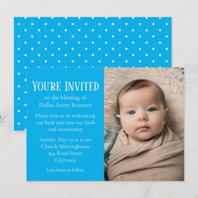 Tiny White Spots on Blue Photo Baby Blessing Invitation (Front/Back)