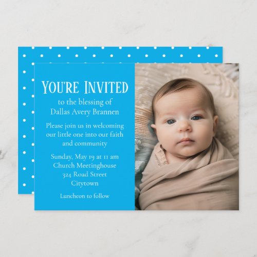 Tiny White Spots on Blue Photo Baby Blessing Invitation