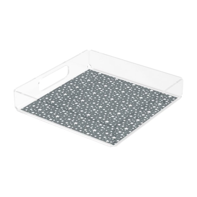 Tiny white stars on soft blue background acrylic tray (Angled)