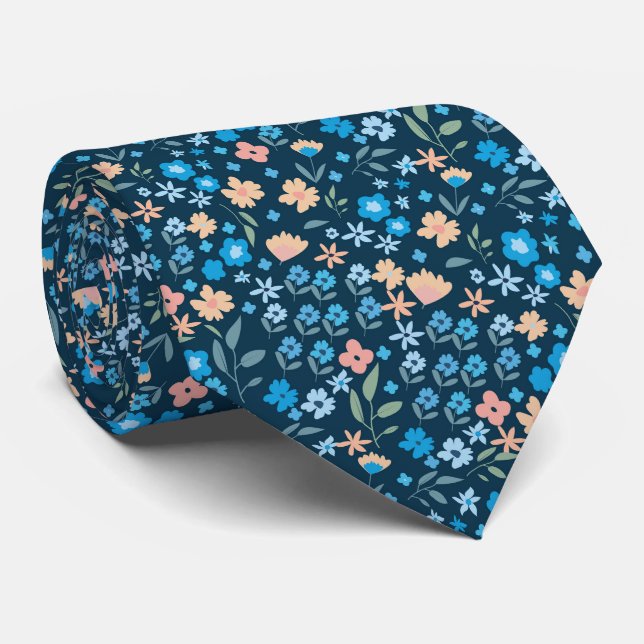 Tiny Wild Floral Blue Navy Pattern Wedding Neck Tie (Rolled)