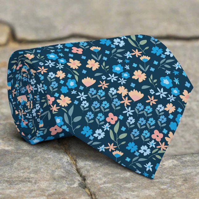 Tiny Wild Floral Blue Navy Pattern Wedding Neck Tie (Creator Uploaded)
