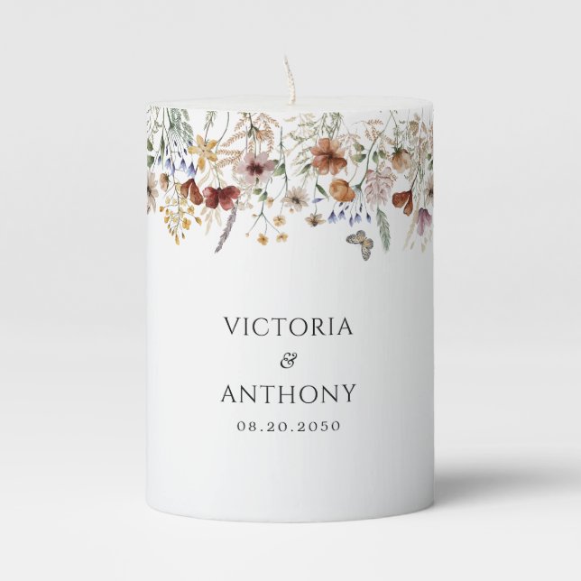 Tiny Wildflower Wedding Pillar Candle (Front)