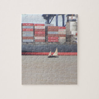 Tiny Yacht And Huge Container Ship Jigsaw Puzzle