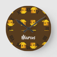 Tiny yellow bird house pattern round clock
