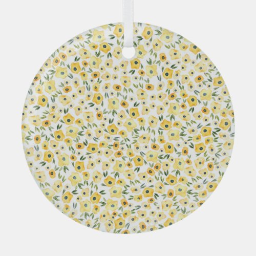 Tiny Yellow Flowers Watercolor Seamless Glass Ornament