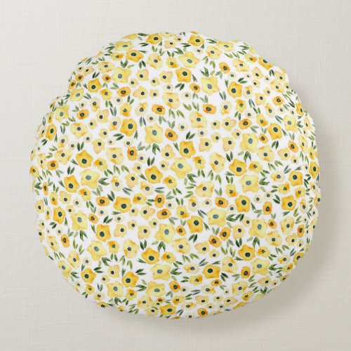 Tiny Yellow Flowers Watercolor Seamless Round Pillow