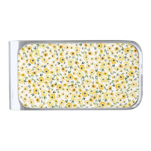 Tiny Yellow Flowers Watercolor Seamless Silver Finish Money Clip