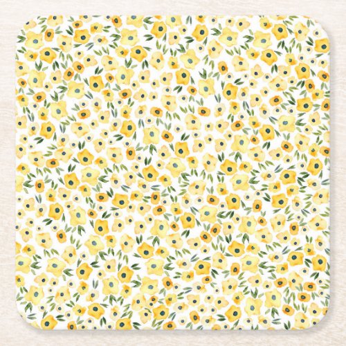 Tiny Yellow Flowers Watercolor Seamless Square Paper Coaster