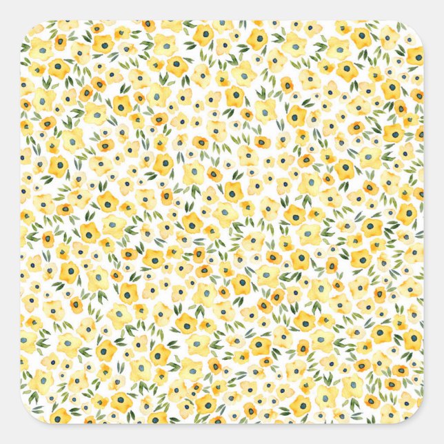 Tiny Yellow Flowers: Watercolor Seamless. Square Sticker (Front)
